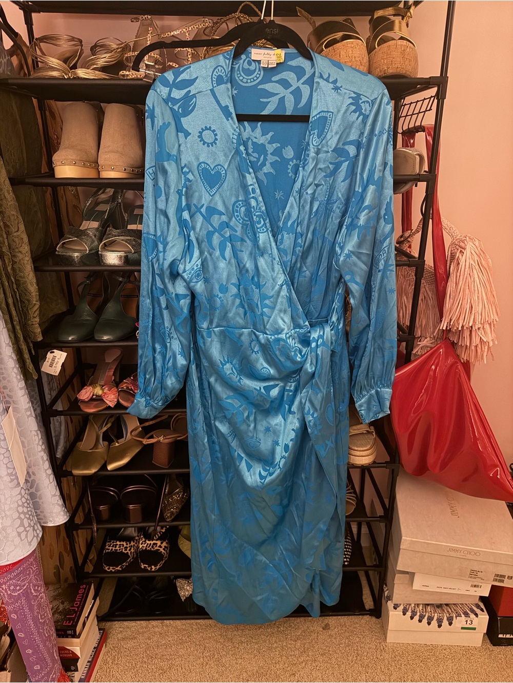 Never Fully Dressed Blue Satin Wrap Midi Dress